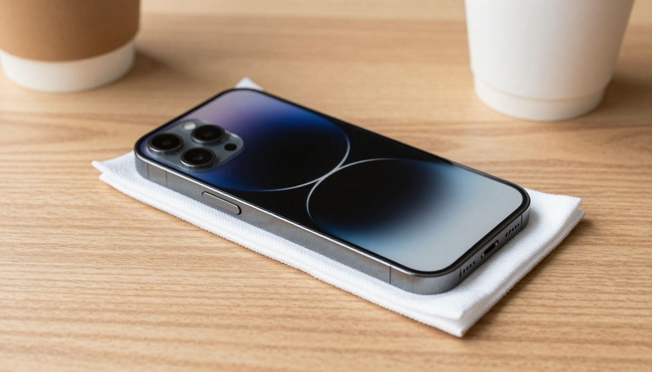 An iPhone 15 Plus with a screen protector being wiped clean with a microfibre cloth, sitting on a wooden desk next to a coffee cup.