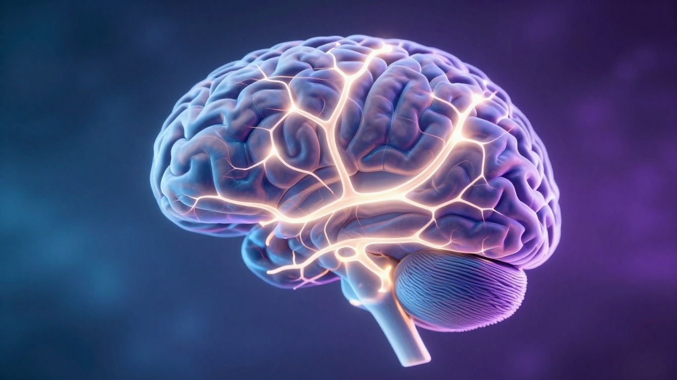 Brain with glowing neural pathways, illustrating focus and distraction.