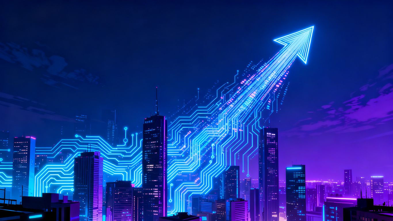 AI circuits and upward arrow in digital cityscape.