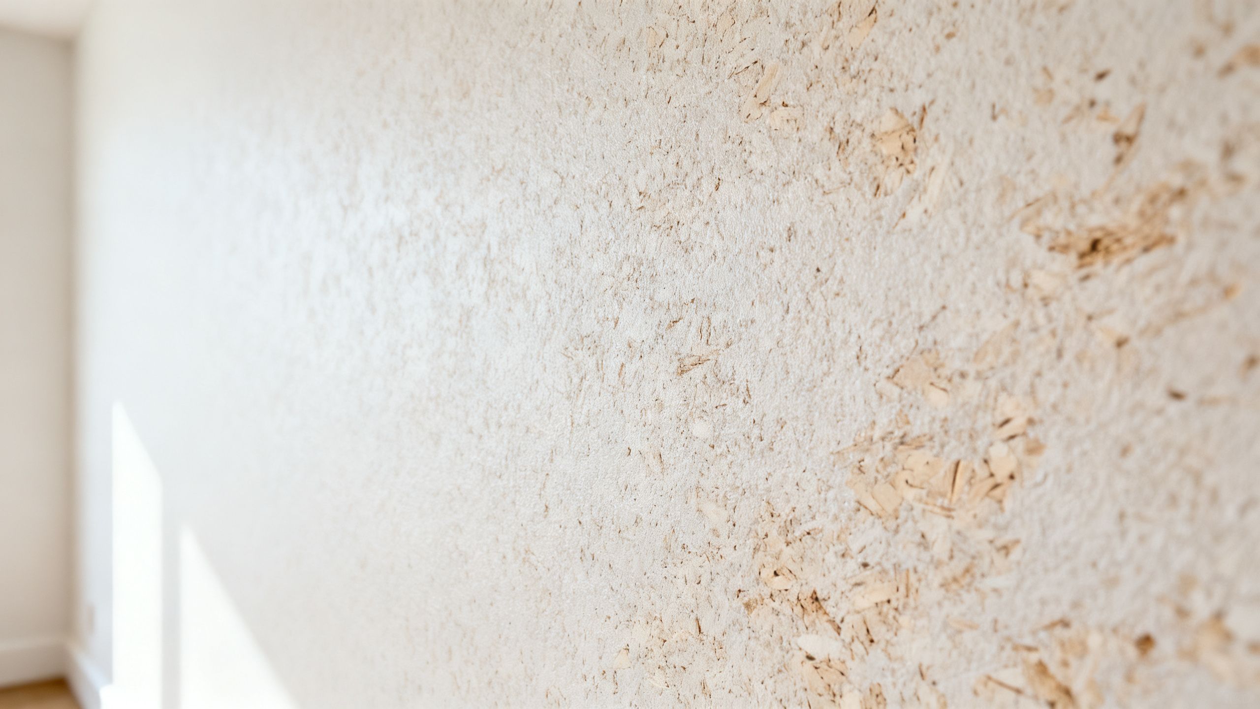 A bright interior wall finished with a breathable spray cork coating