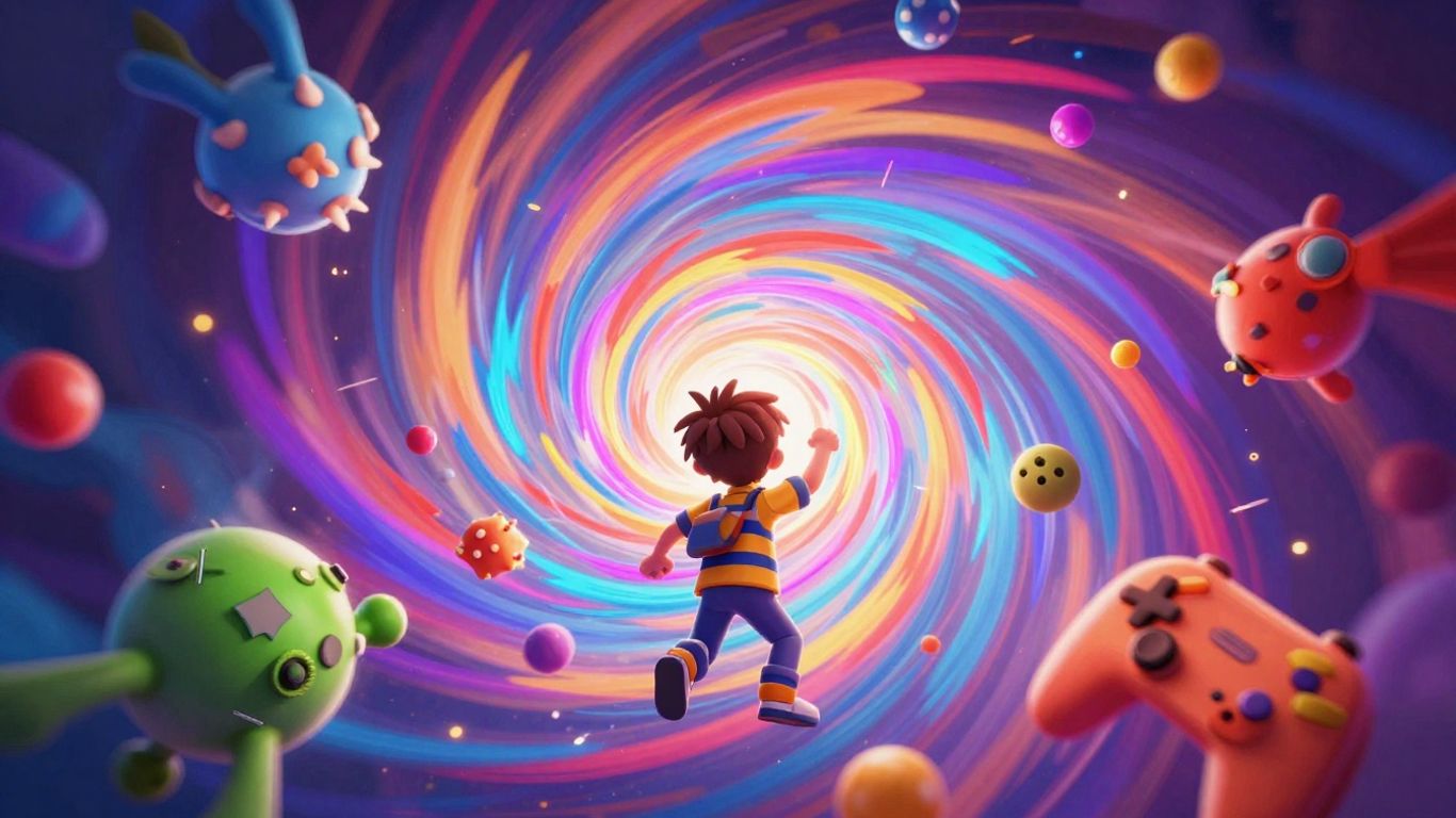 Vibrant digital game elements swirling in a dynamic scene.