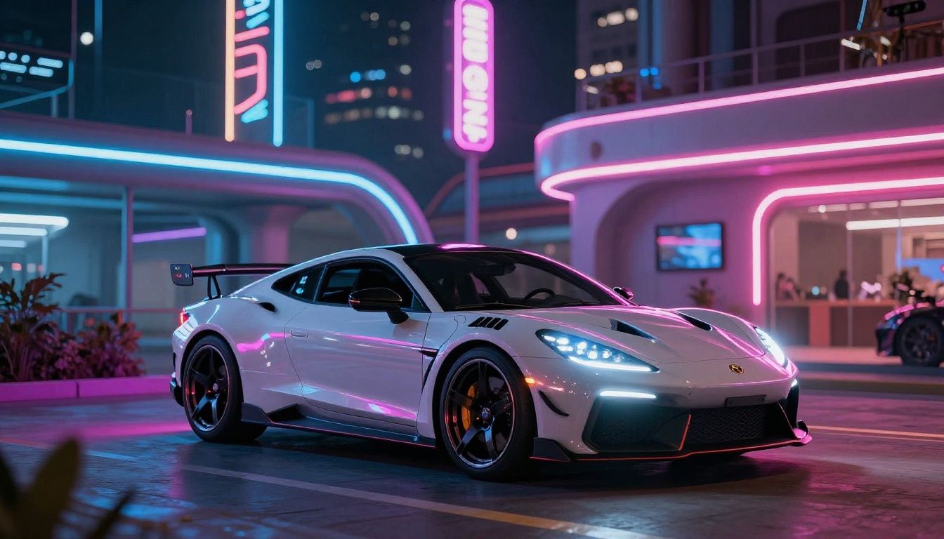 Carro esportivo em alta velocidade em uma arena futurista com luzes neon