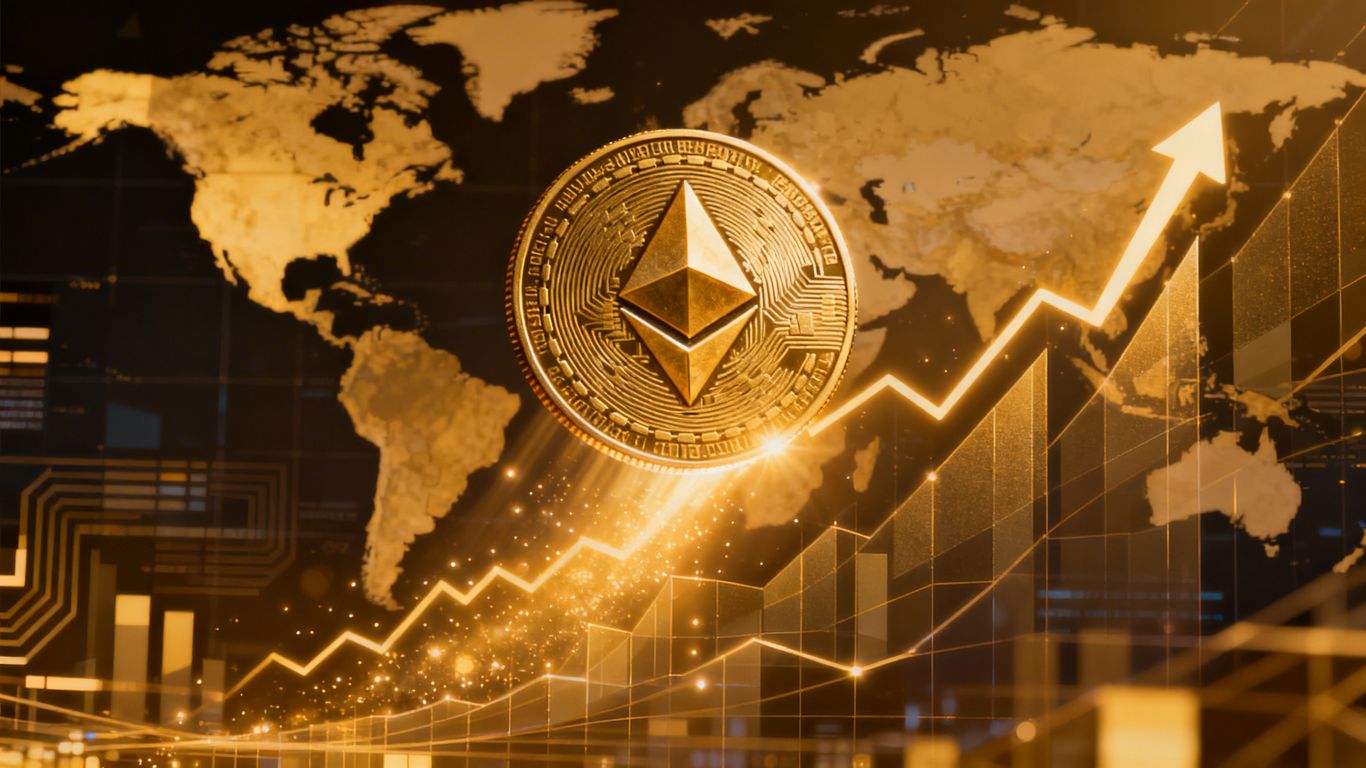 Ethereum coin rising with global map and upward trends.