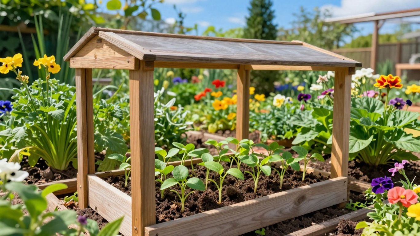 Frühbeet mit jungen Pflanzen im Sonnenschein