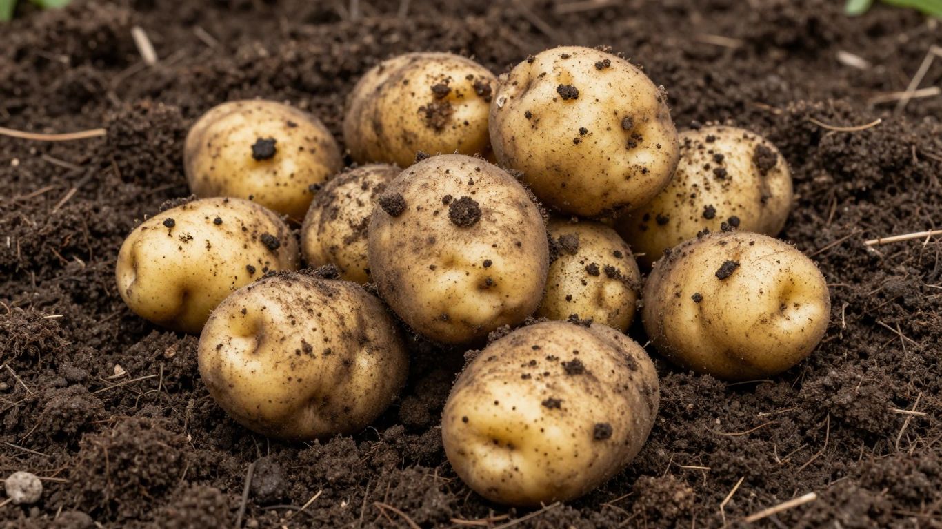 Frische Kartoffeln auf Komposthaufen im Frühling