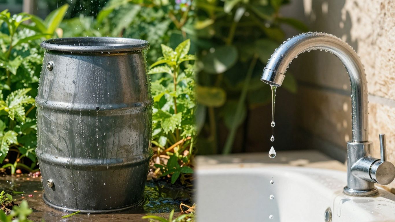 Rain barrel collecting water next to a faucet.