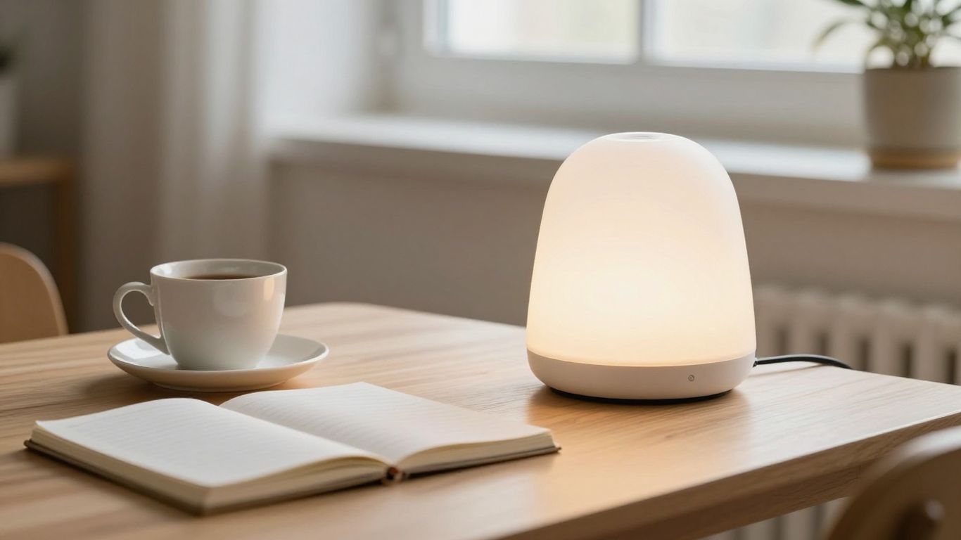 Helle Tageslichtlampe neben Frühstückstisch