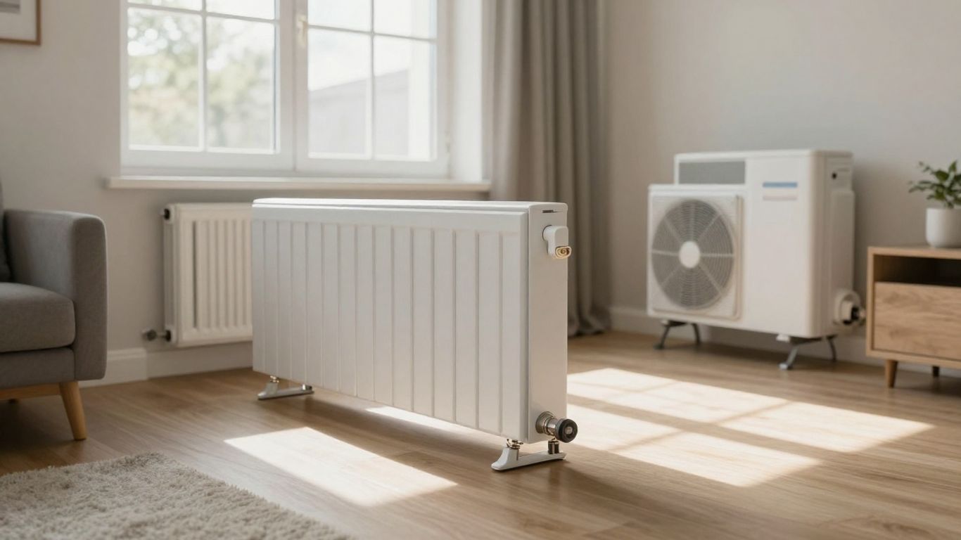 Radiateurs basse température avec pompe à chaleur dans un salon.