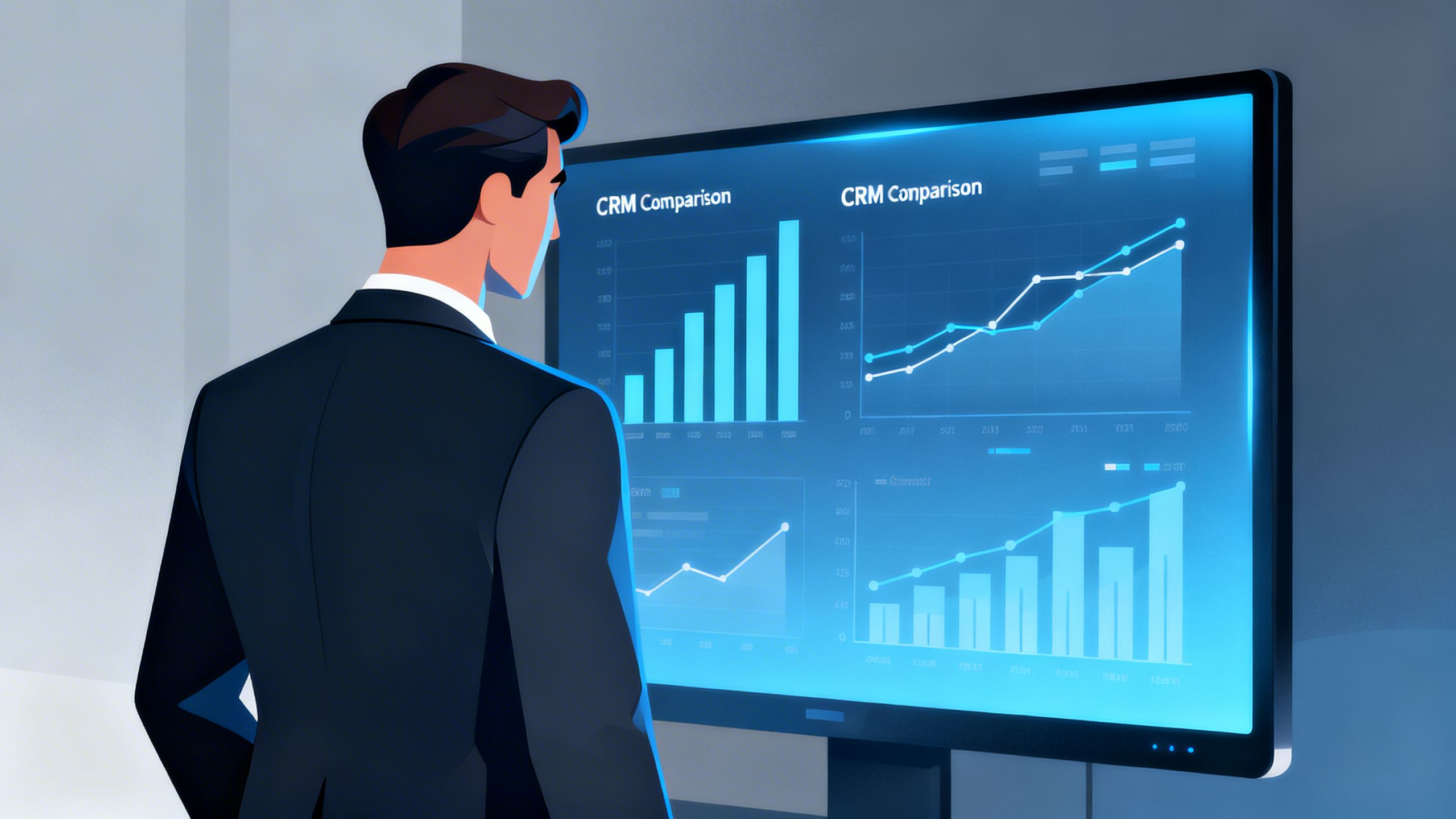 Conceptual illustration of a business professional analyzing bar charts and graphs on a screen, representing a CRM comparison