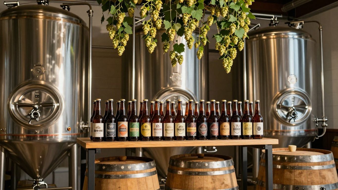 Organic craft beer bottles and brewing equipment in a rustic brewery.