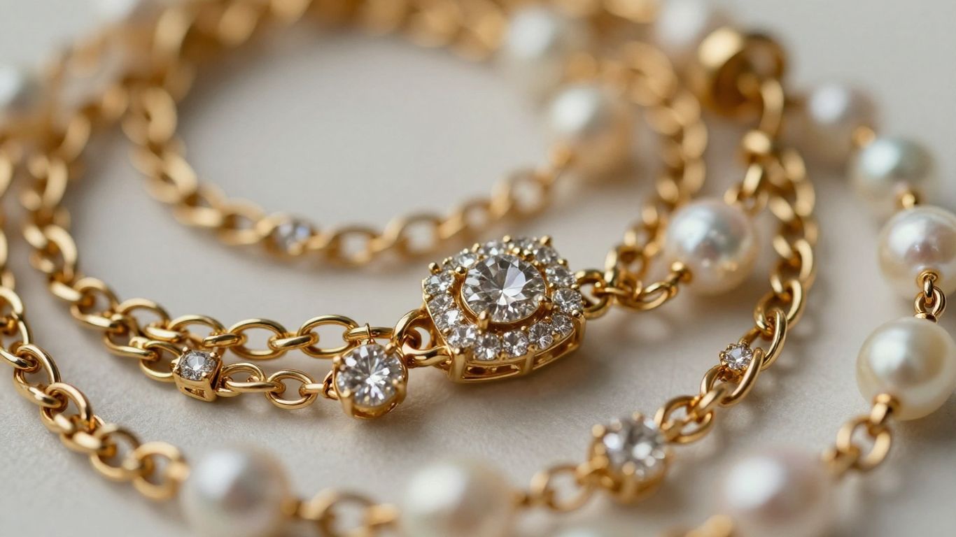 Close-up of elegant diamond and pearl jewelry.