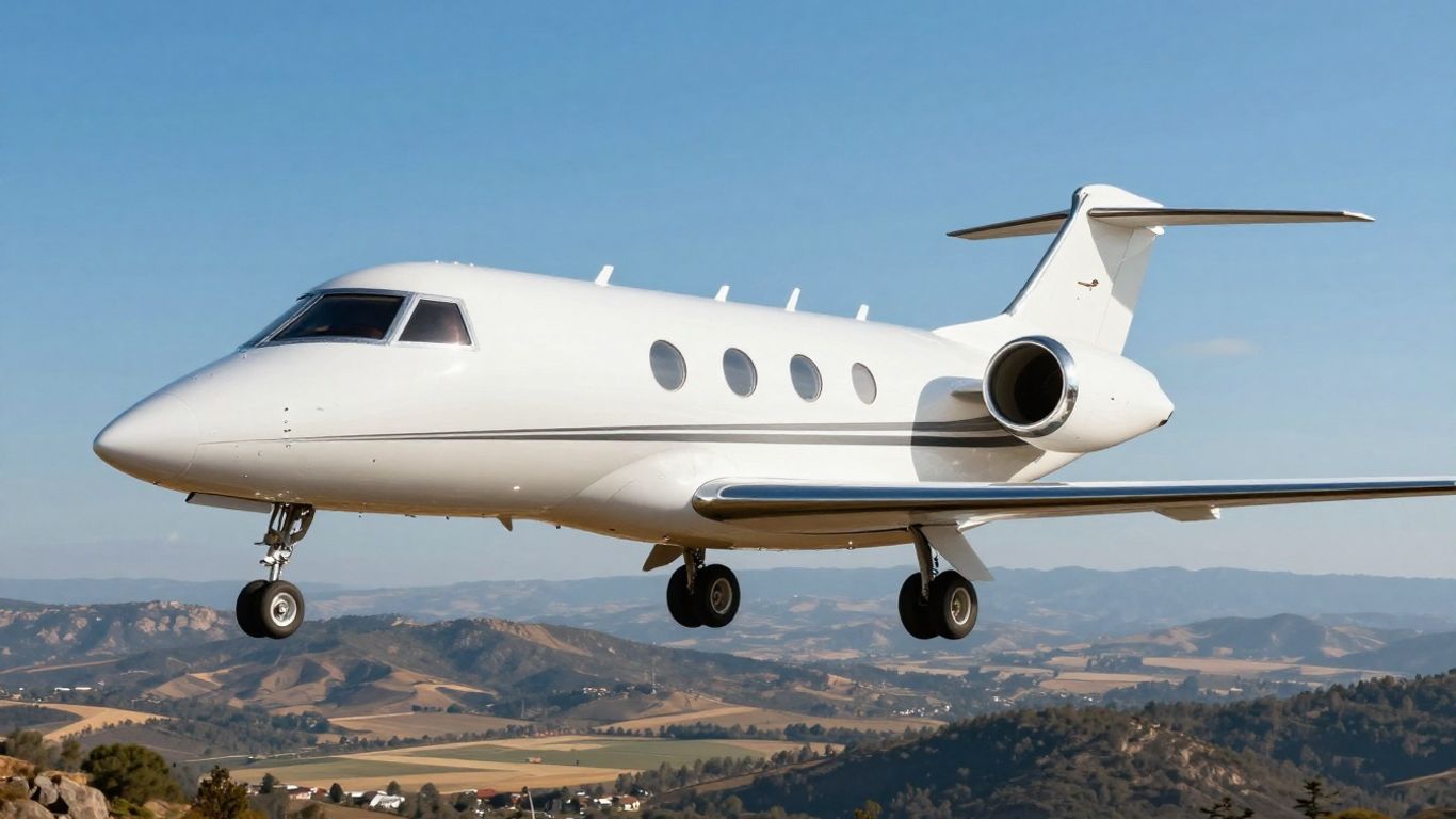 Sleek private jet flying high above clouds.