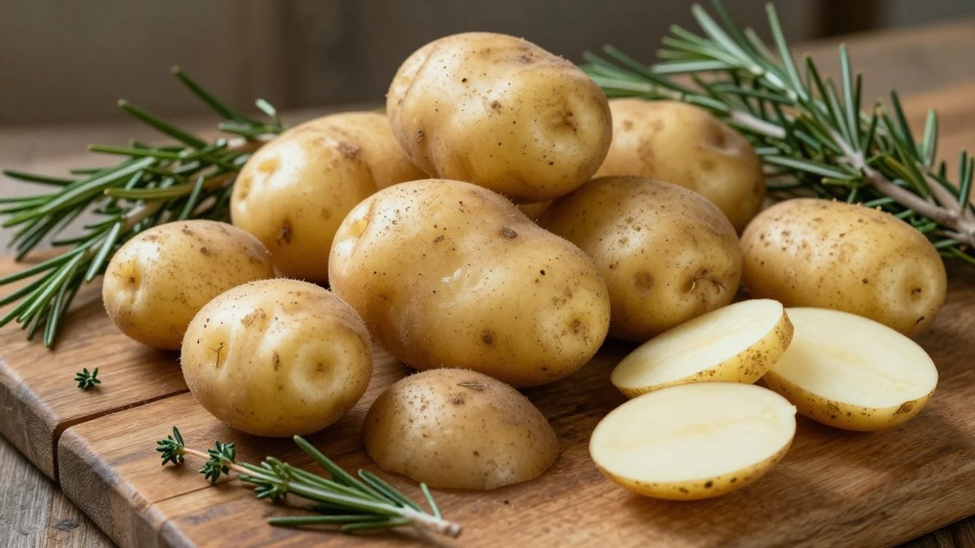 Biologische aardappelen op een rustieke tafel met kruiden.