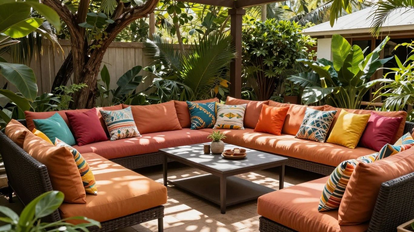 Colorful patio cushions on outdoor furniture in South Africa.