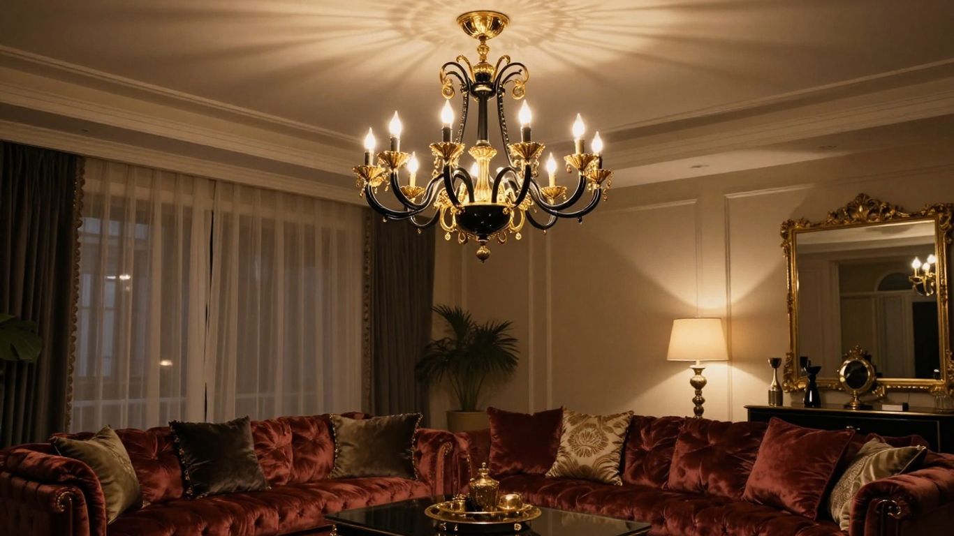 Black and gold chandelier illuminating a luxurious living room.