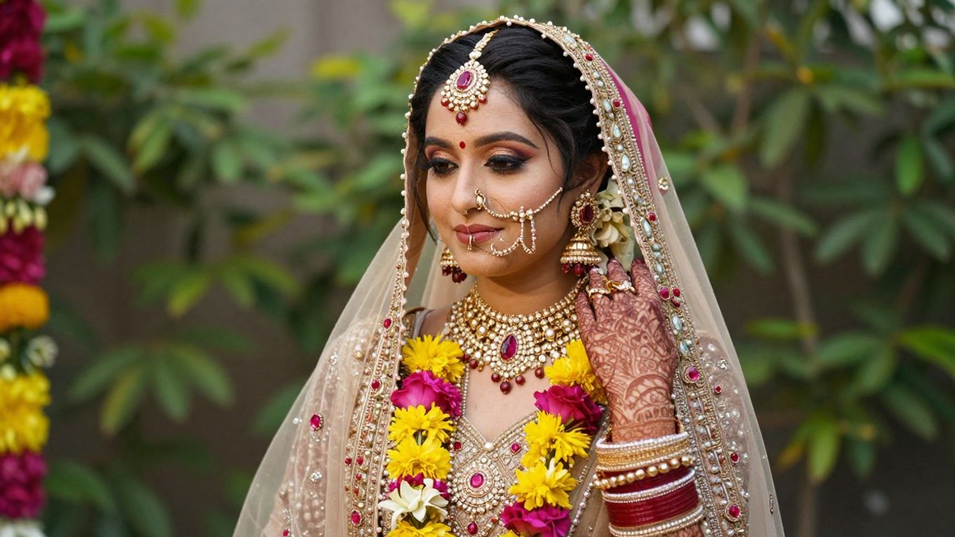 Bride wearing colourful mehendi jewellery outdoors