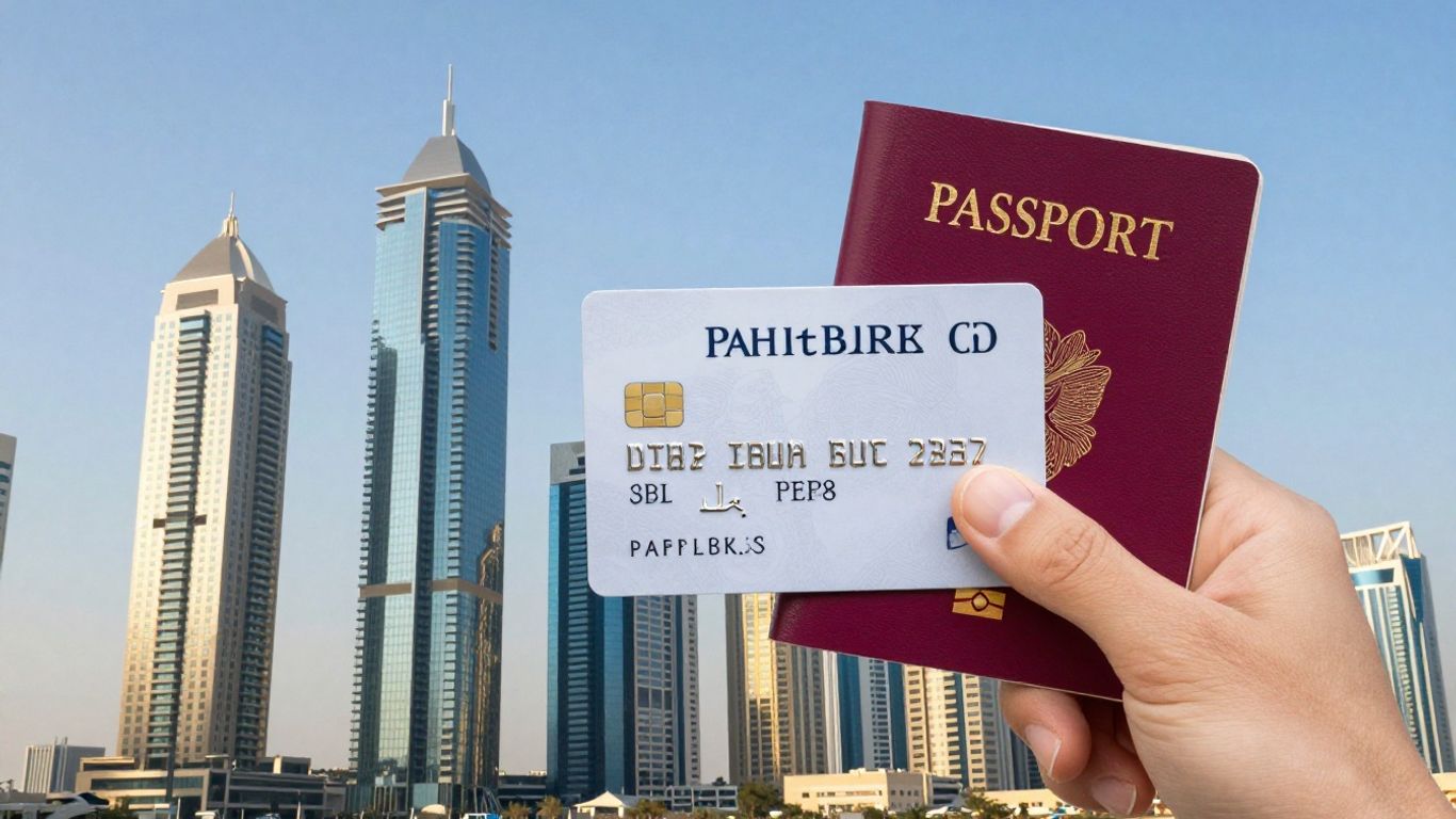 Opening a bank account in Dubai skyline.
