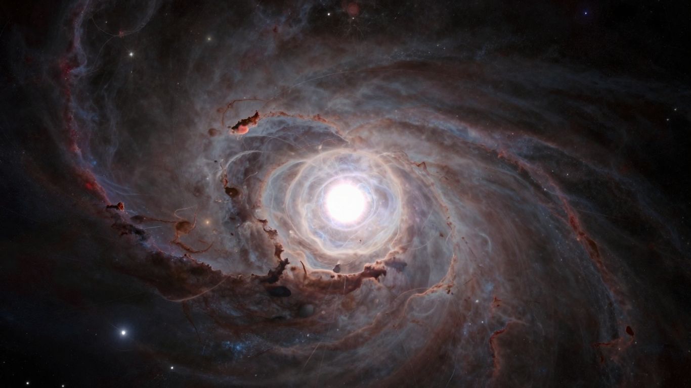 Celestial background with glowing orb and light rays.