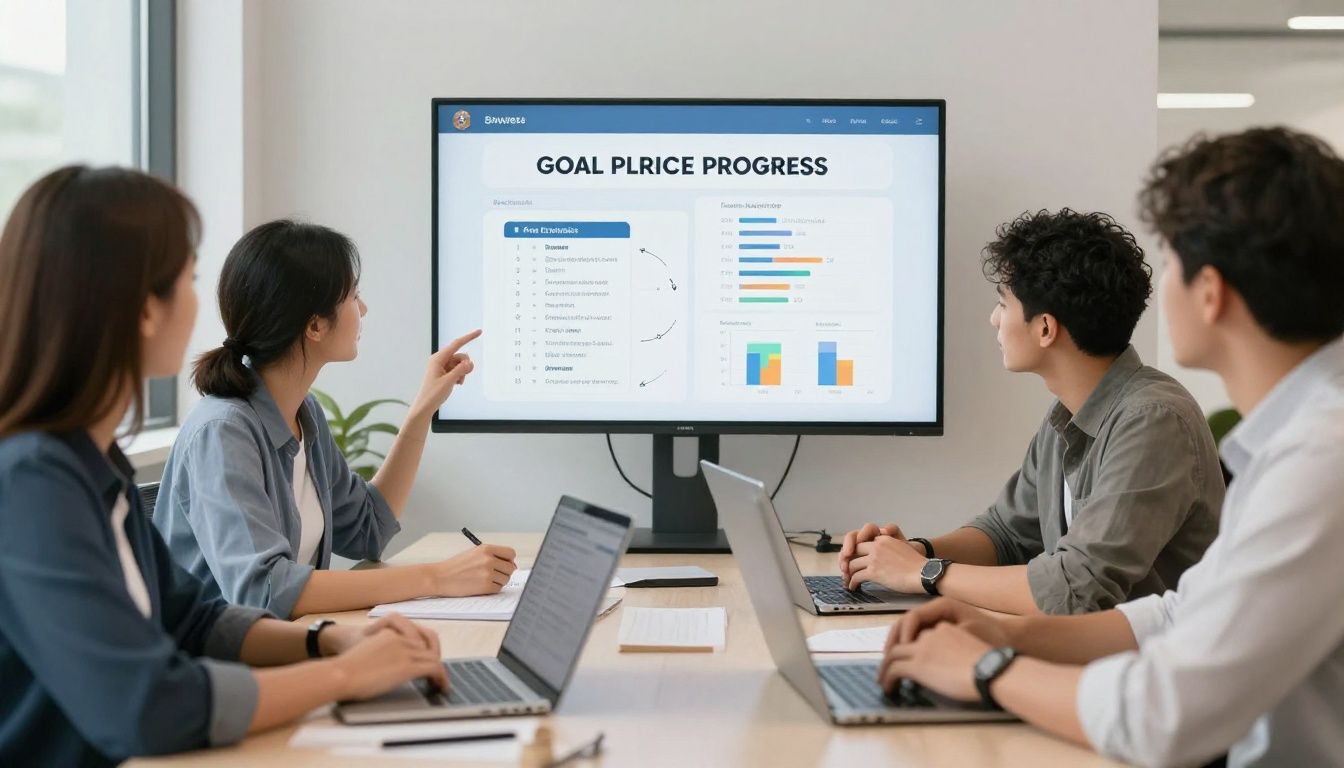 A diverse group of driven professionals reviewing a clear goal plan and progress dashboard in a bright, modern workspace, conveying intentional progress and balanced ambition without visible text