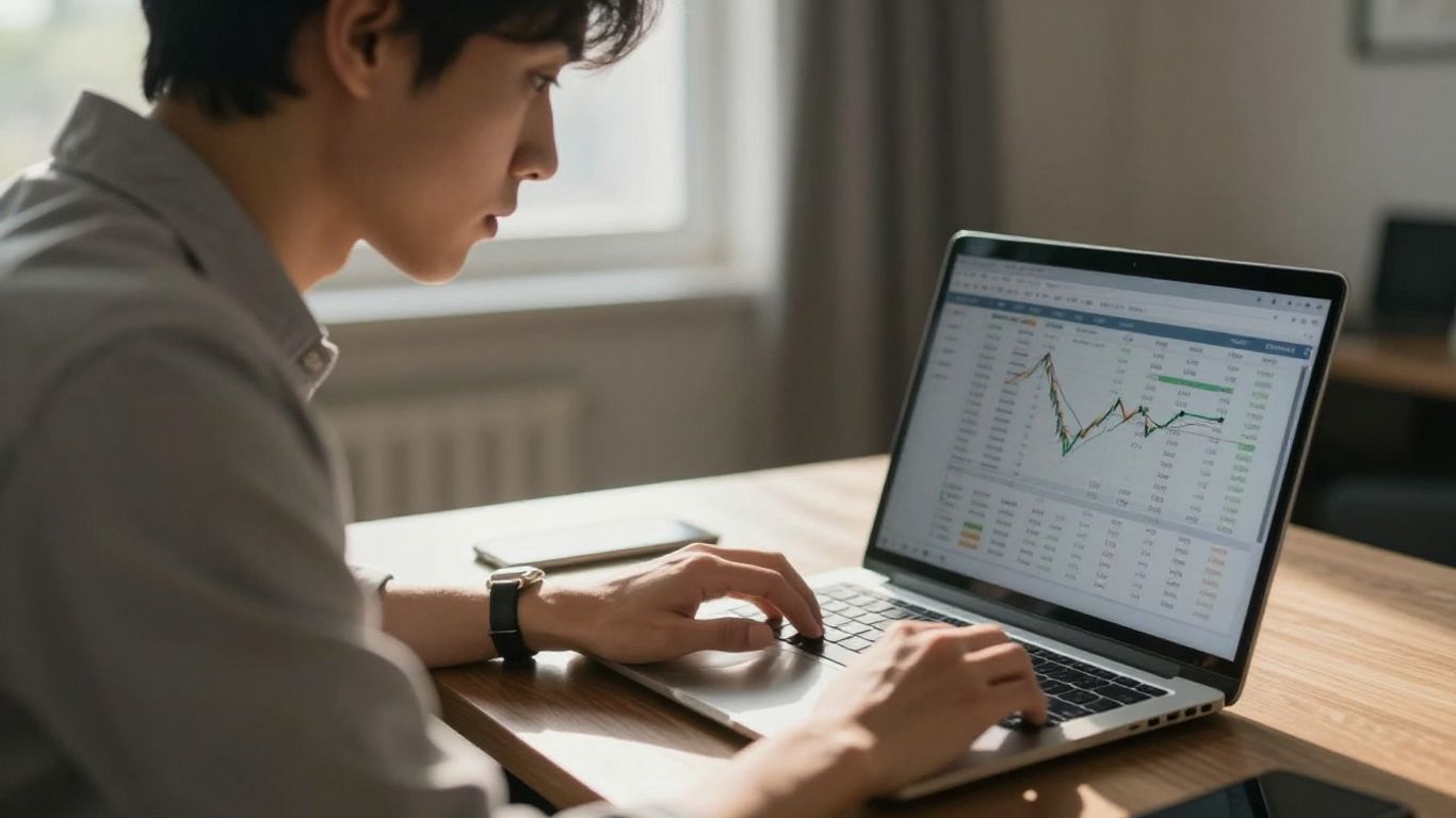 Person studying stock market data on a laptop.