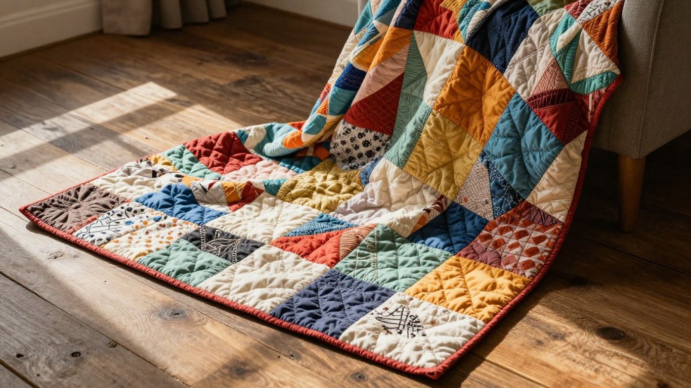 Cozy, colorful quilts folded and draped on furniture.
