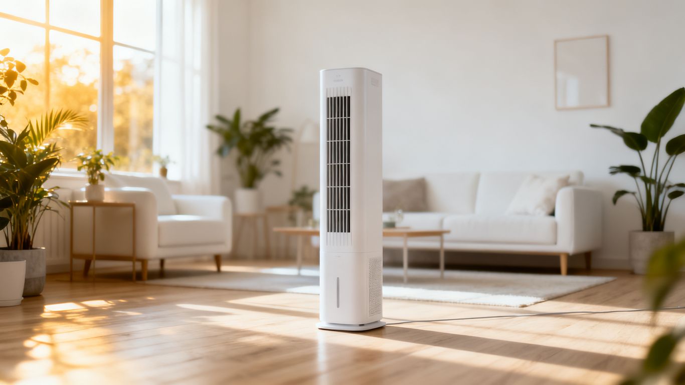 A clean, vertical dehumidifier in a bright, modern room
