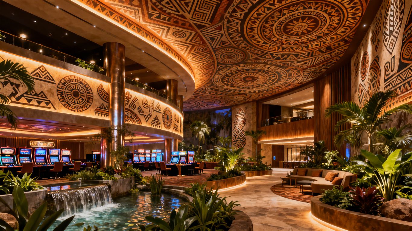 Casino interior with indigenous art and natural elements.