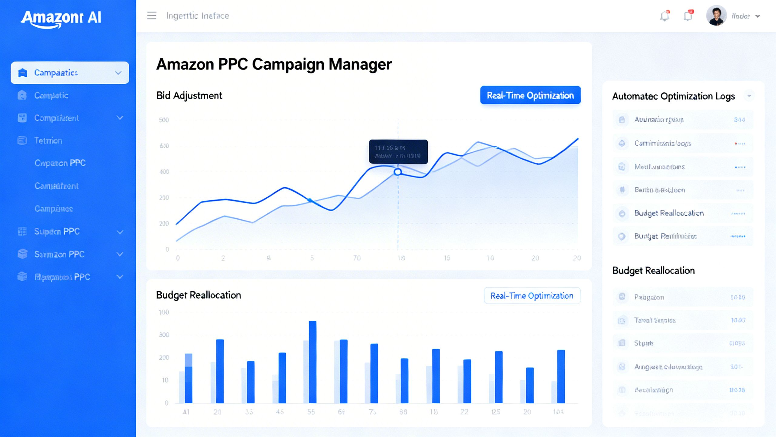 An agentic AI interface managing an Amazon PPC campaign, automatically adjusting bids and reallocating budget