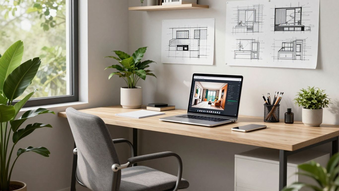Remote interior designer working in a modern home office.