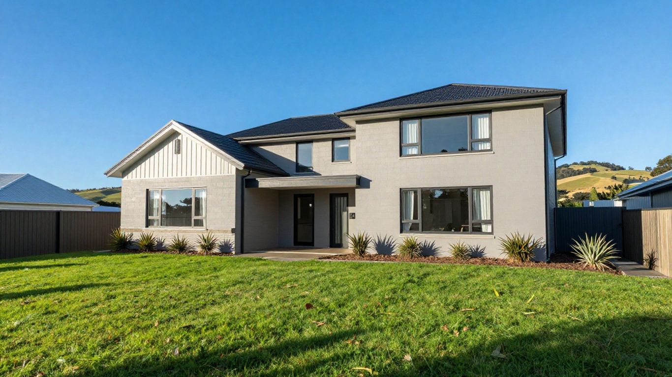 Modern New Zealand house with green lawn and hills.