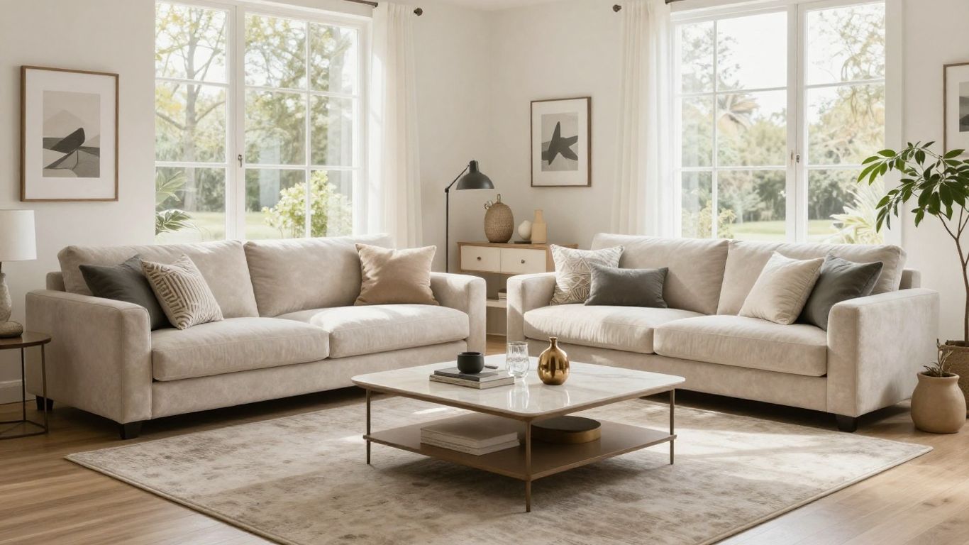 Stylish furniture in a sunlit vacation rental living room.
