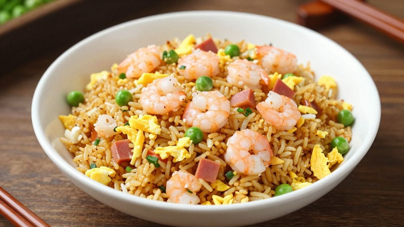 Yangzhou fried rice in a ceramic serving bowl