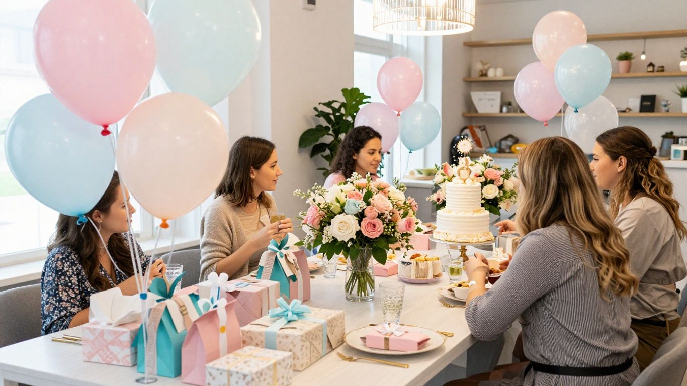 Elegant baby shower venue with balloons, cake, and gifts.