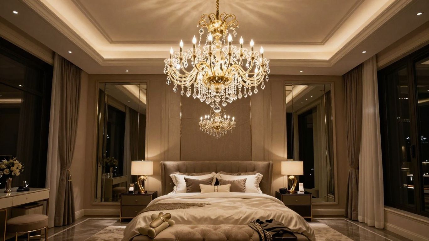 Modern bedroom with a statement chandelier and soft lighting.