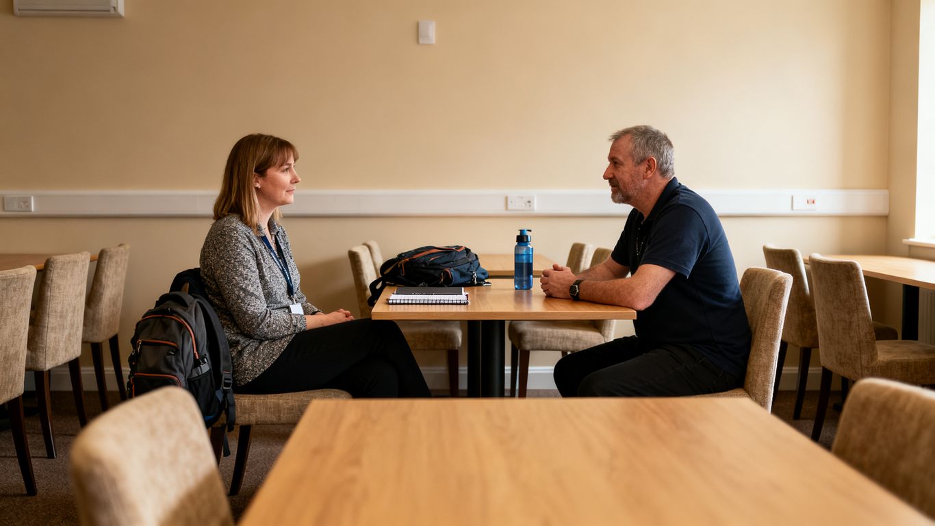 Support worker speaking with hostel resident