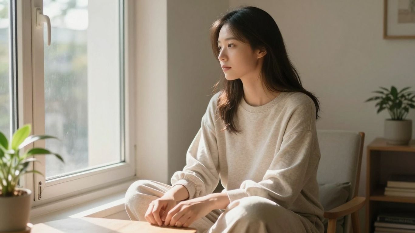 Person reflecting calmly beside a sunlit window