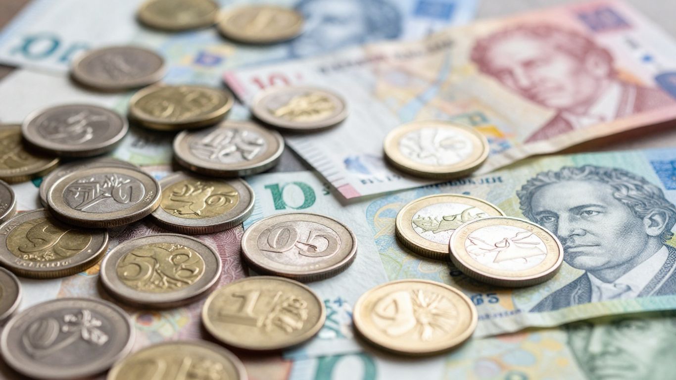 Swiss Franc currency, banknotes, and coins.
