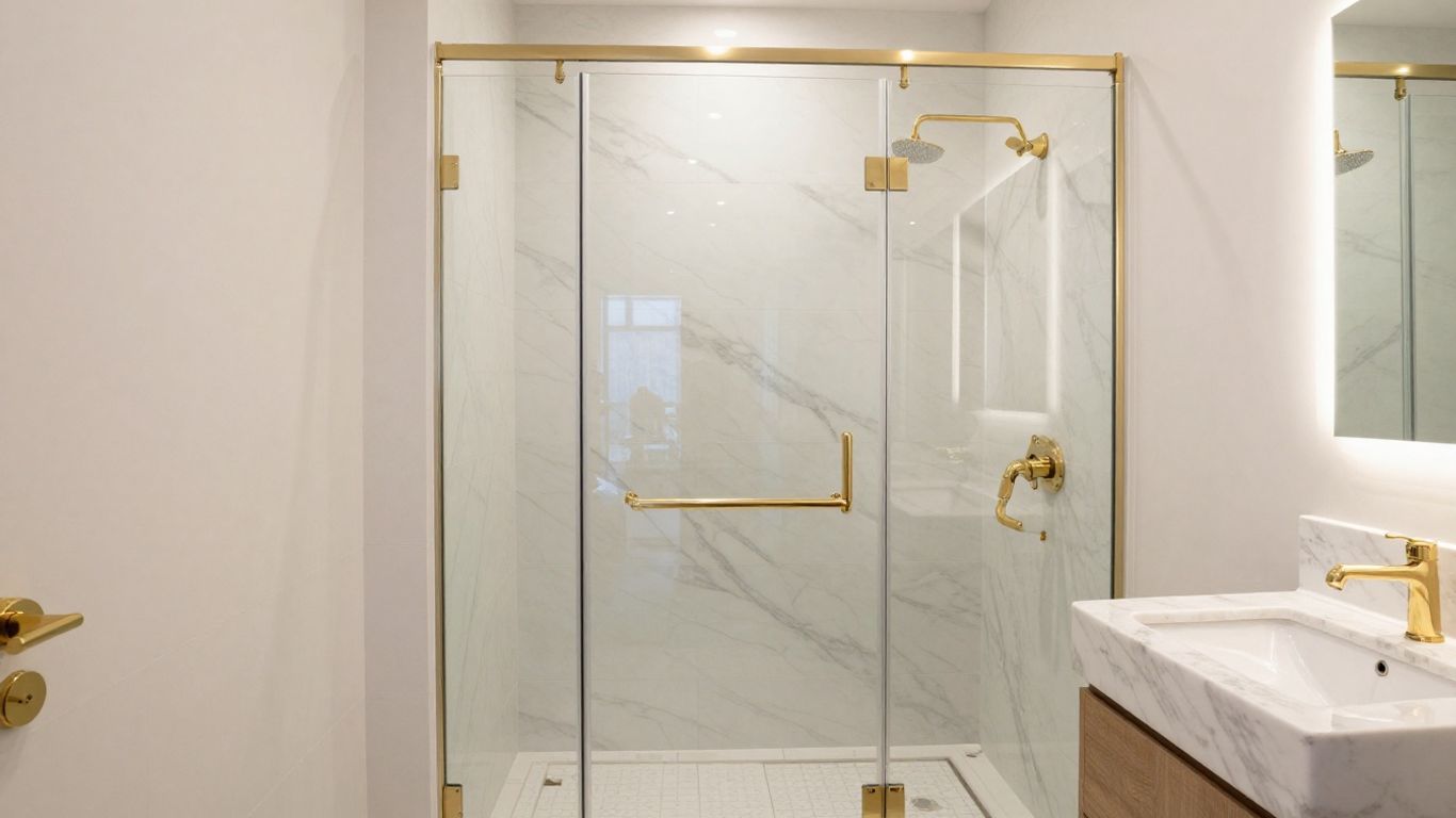 Luxury bathroom featuring marble shower and modern aesthetics