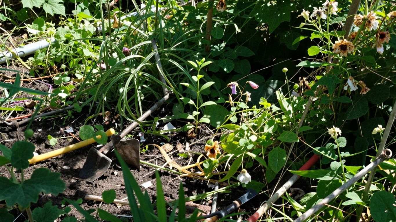 Chaotischer Garten mit überwucherten Pflanzen und Werkzeugen