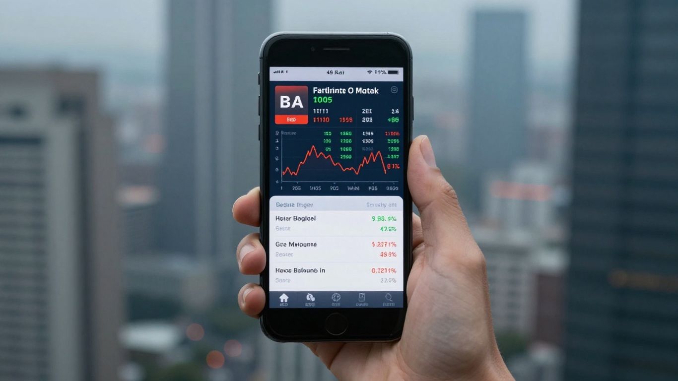Main d'un courtier tenant un smartphone avec des données boursières.