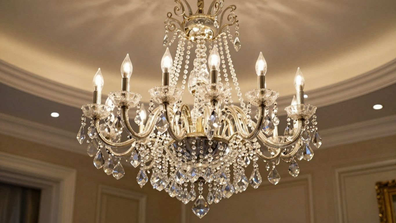 Elegant crystal chandelier in a luxurious room setting.