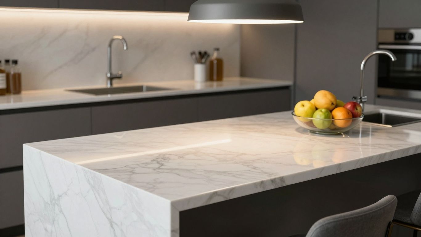 Stylish laminate marble kitchen worktop with fruit bowl.