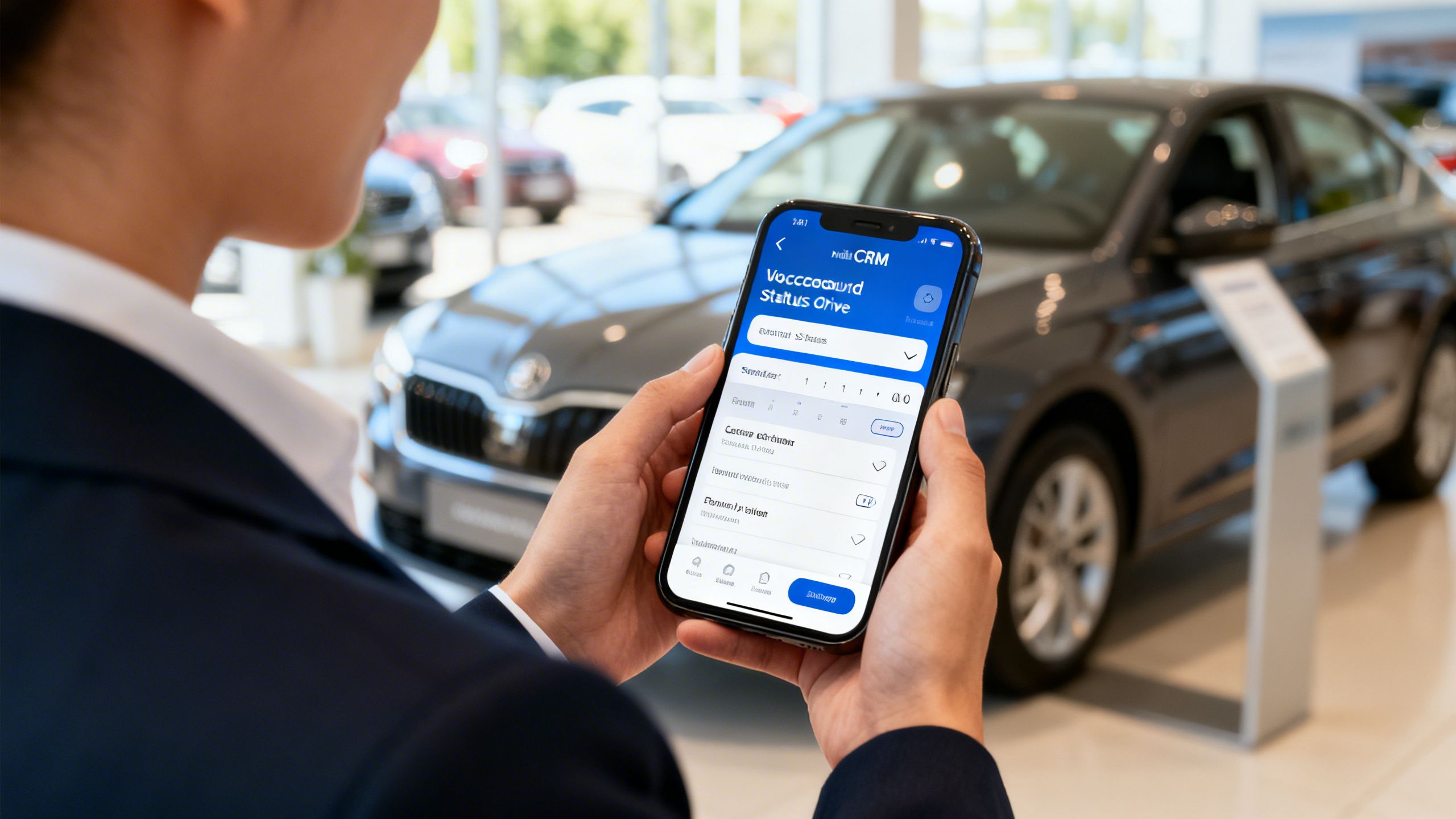 A salesperson using a mobile Auto Dealer CRM app to update a customer's status after a successful test drive.