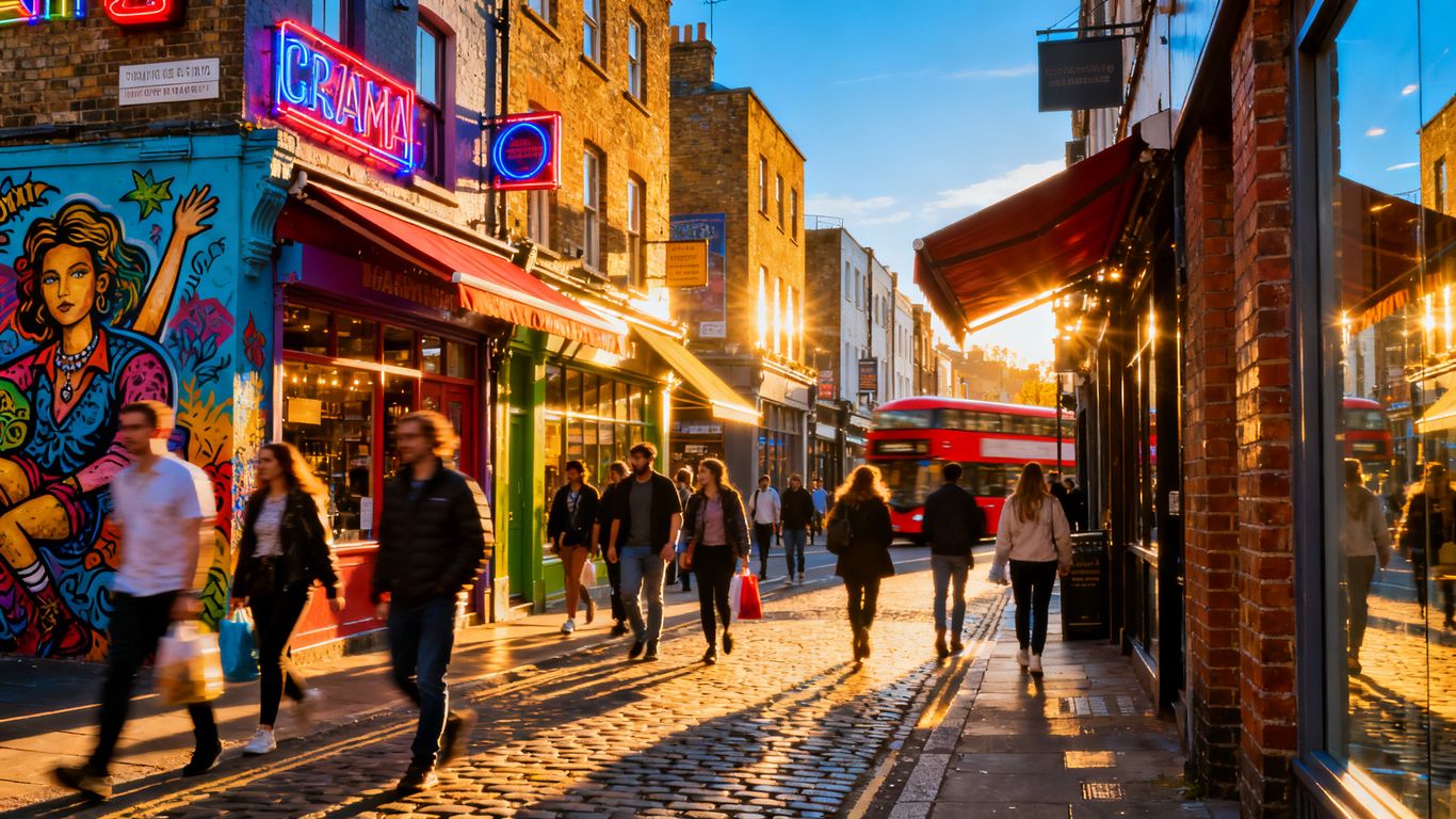 Camden High Street with colorful shops and people.