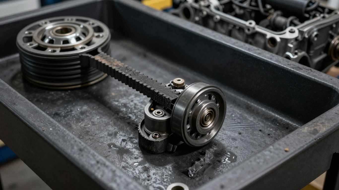 Damaged timing belt beside engine components