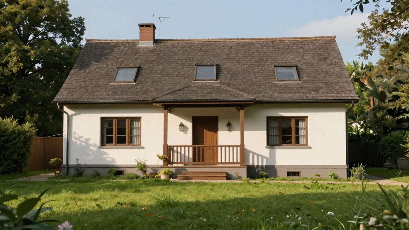 Europäisches Haus mit Garten und Sonnenschein.