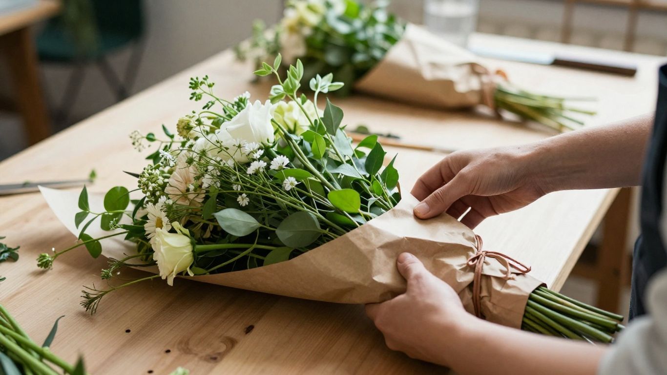 A florist carefully wrapping flowers in brown paper