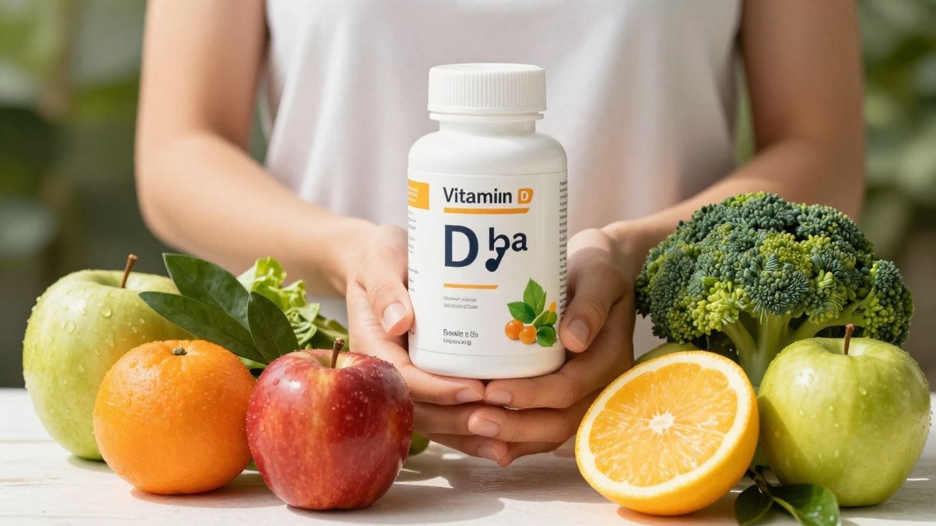 Person holding Vitamin D supplements with healthy food.