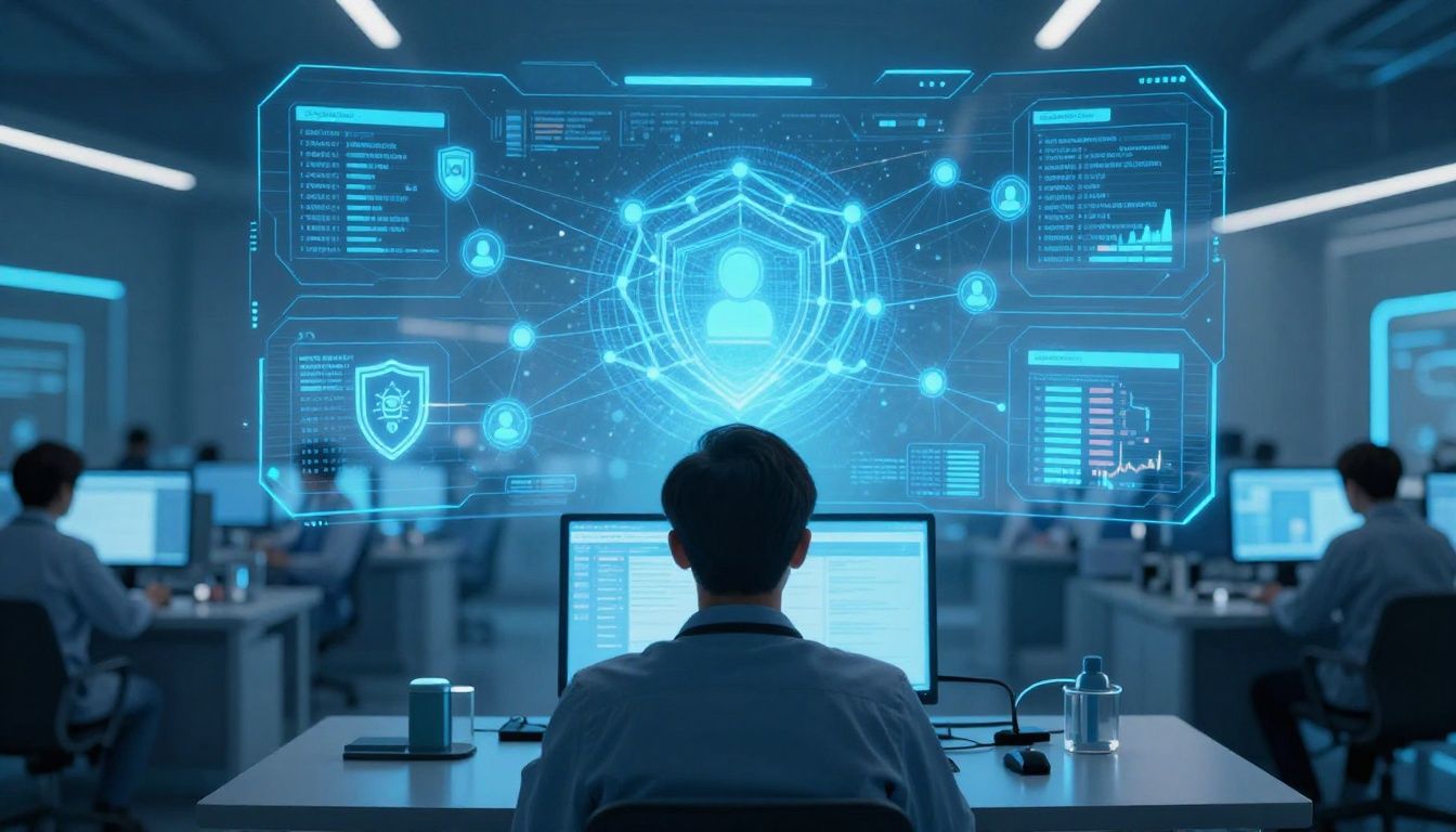 Wide-angle over-the-shoulder view of a healthcare data analyst with their back completely turned to the camera, head and body out of focus and no face visible, viewing an interactive glowing blue holographic interface with connected nodes, security shields, user icons, and encrypted financial charts in a futuristic medical billing command center, soft-focus workstations, cinematic neon blue and cyan lighting, high-tech corporate cybersecurity aesthetic, photorealistic, 16:9