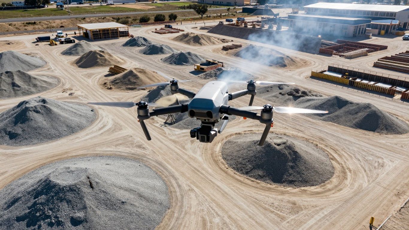 Drone surveying construction site stockpiles in California.